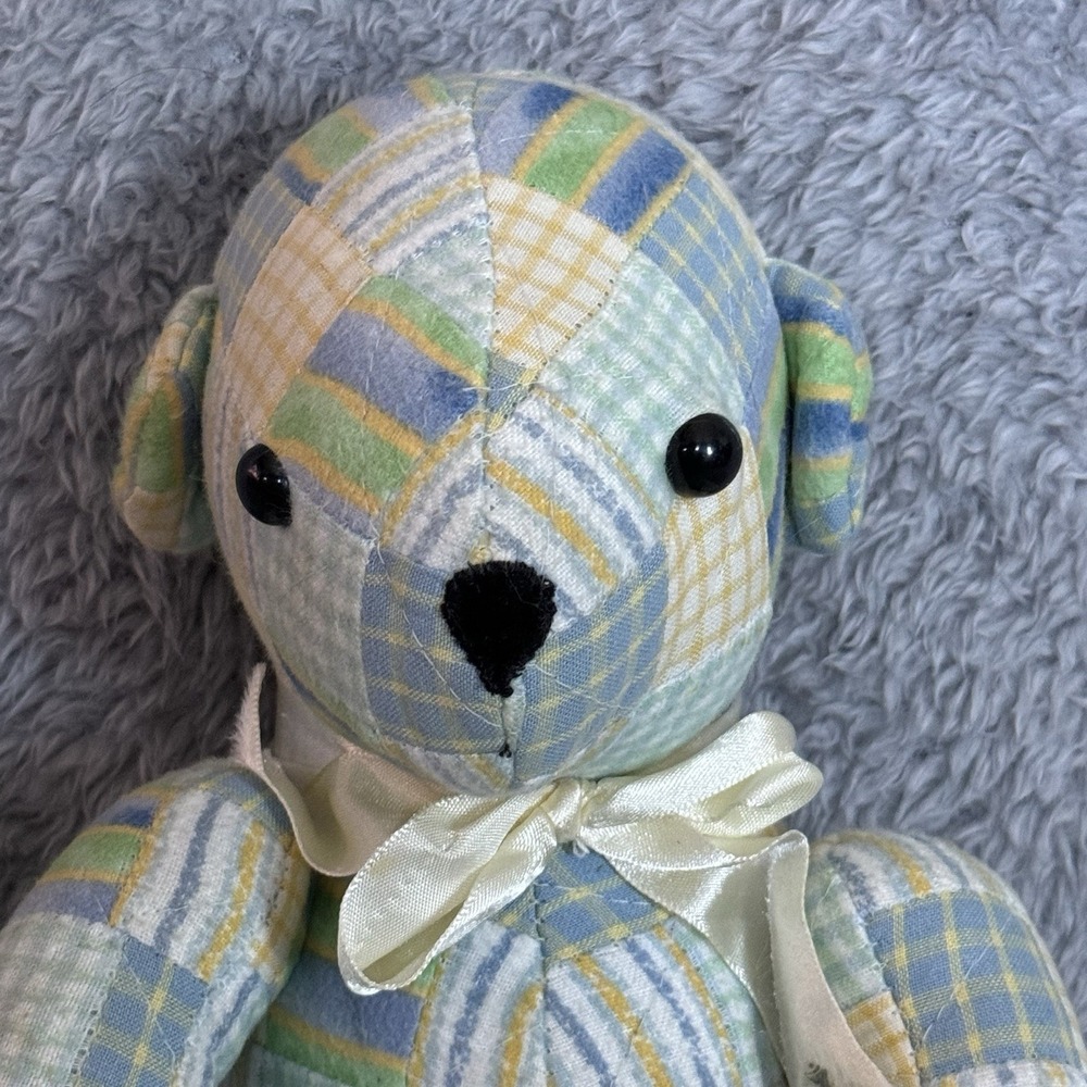 Donna Sharp Green Blue Patchwork Teddy Bear Plush Poseable Stuffed Animal - Picture 2 of 8
